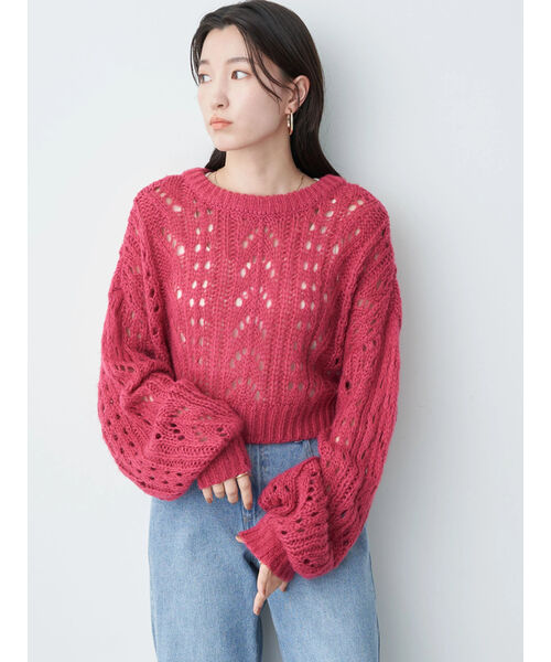 クーポン】【セール 67%OFF】ヘアリー透かし柄ニット