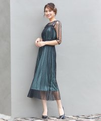 DRESS+/チュールドレス ワンピース シアー 5分袖 ミモレ丈 プリー 結婚式 パーティードレス /504961914