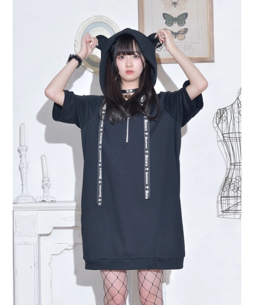 病みくまハーフZIPユニセックスチュニックパーカー(504977808 病みくまハーフZIPユニセックスチュニックパーカー(504977808