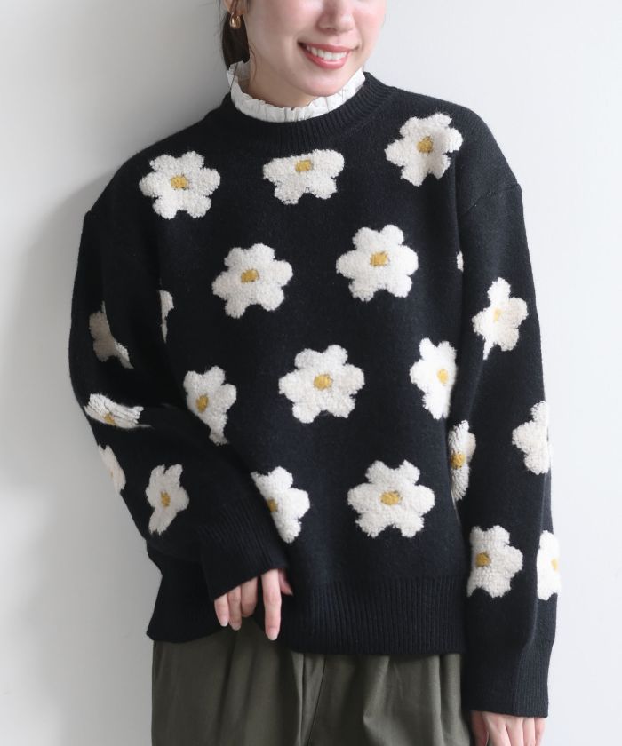 ビアズリー ニット 花柄 フラワーモチーフ ブラック 切替 F プル