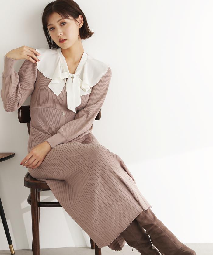ラッフルカラー付きニットワンピース(504986682) | ジル バイ ラッフルカラー付きニットワンピース(504986682) | ジル バイ