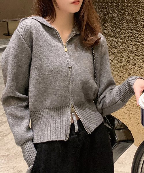 クーポン セール46 Off ダブルジップニットパーカー レディース トップス 長袖 秋服 冬服 フード 無地 ショート丈 10代 代 30代 韓国ファッション 韓国 ストリート アミュレット Amulet D Fashion