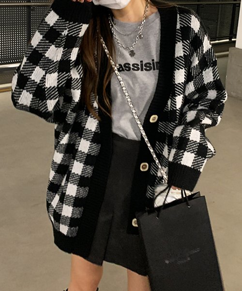 セール スクエアチェック柄ニットカーディガン レディース トップス ロングカーディガン 長袖 秋服 冬服 10代 代 30代 韓国ファッション 韓国 レトロ アミュレット Amulet D Fashion