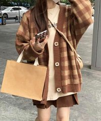 Amulet/スクエアチェック柄ニットカーディガン レディース トップス ロングカーディガン 長袖 秋服 冬服 10代 20代 30代 韓国ファッション 韓国 レトロ/504987474