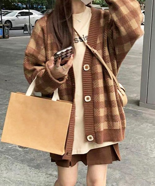 セール スクエアチェック柄ニットカーディガン レディース トップス ロングカーディガン 長袖 秋服 冬服 10代 代 30代 韓国ファッション 韓国 レトロ アミュレット Amulet D Fashion