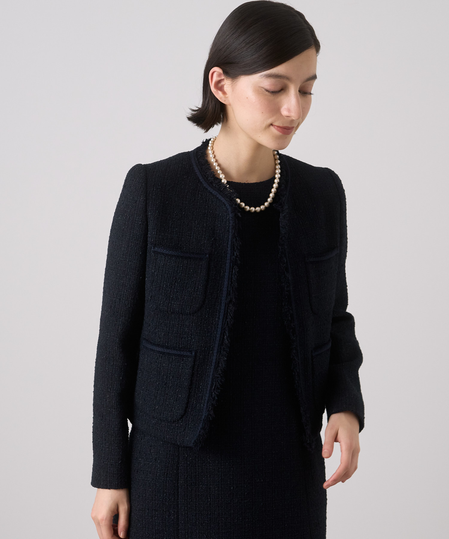 ANAYI ノーカラージャケット　ワンピース　セットアップ　スーツ　ブラック　M 送料無料 ANAYI アナイ スーツセットアップ ノーカラージャケット 黒