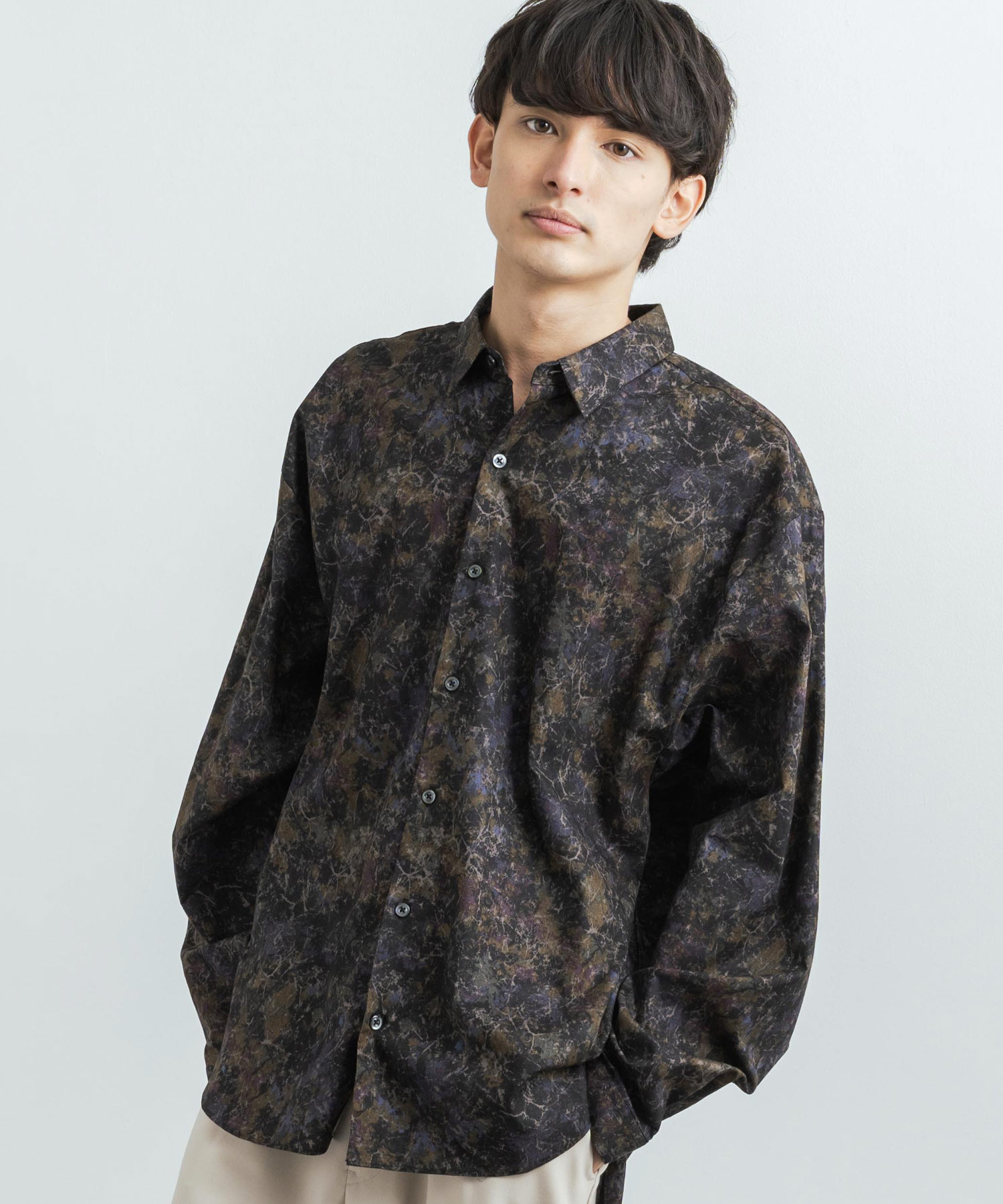 60995 MAXILAN メンズ長袖柄シャツ黒ほかL