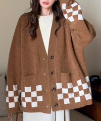 Amulet/チェック柄ニットカーディガン レディース トップス 長袖 Vネック 秋服 冬服 10代 20代 30代 韓国ファッション 韓国 オフィスカジュアル 使いやすい /505057099