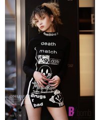 bombshell/ボムシェル bombshell ワンピース ロゴプリント スリット リブニット ワンピース ジッパー ミニワンピ サイドカット インポート ハイネック セクシー/505088526