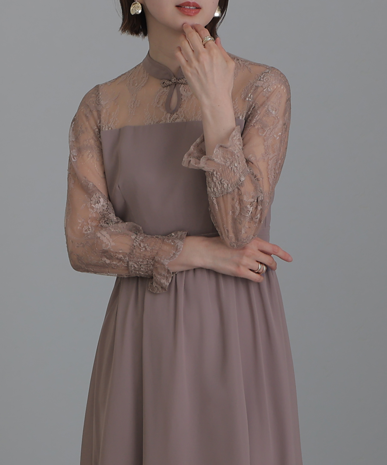PourVous プールヴー 結婚式 お呼ばれ ドレス チャイナ風 プールヴー PourVous 袖あり&ミモレ丈パーティードレスチャイナ