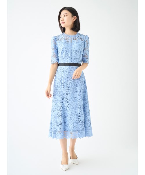 DRWCYS  レースワンピ レース七分袖×ダマスク柄ワンピースドレス結婚式ワンピース