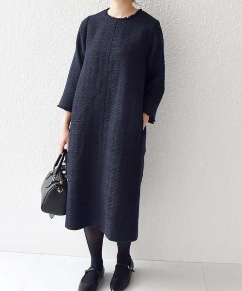 セール 50%OFF】SHIPS any: スラブ ツイード ワンピース［NAVY BLUE 