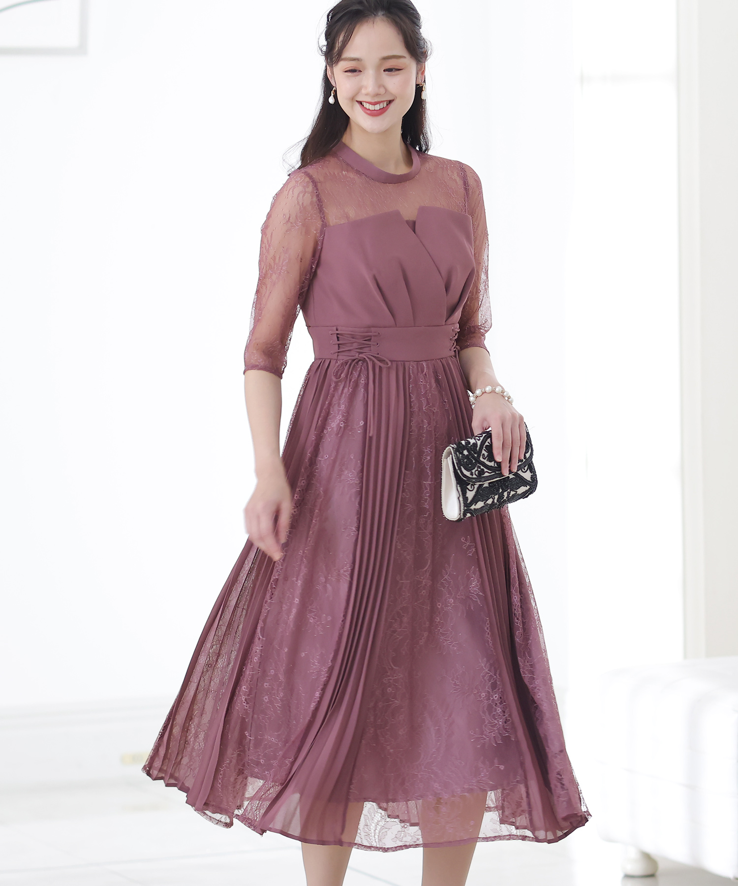 美品✨プールヴー ビスチェワンピース プリーツ 結婚式 パーティー ピンク S プールヴー PourVous ミモレ丈&七分丈フォーマルビスチェ