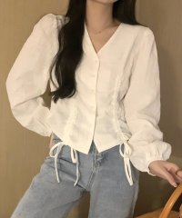 Amulet/Vネックシャーリングブラウス レディース トップス 長袖 無地 秋服 冬服 10代20代 30代 韓国ファッション 韓国 大きいサイズ カジュアル ノーカラー/505134563