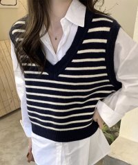 Amulet/アミュレット Amulet Vネックボーダーニットベスト レディース トップス 秋服 春服 10代 20代 30代 韓国ファッション 韓国 カジュアル 定番 ち/505134577