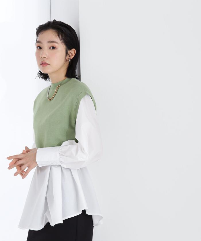 ユナイテッドトウキョウ⭐️トラペーズチュニックブラウス 20AW ベージュ0 S セール 60%OFF】チュニックブラウス×ニットベストセット