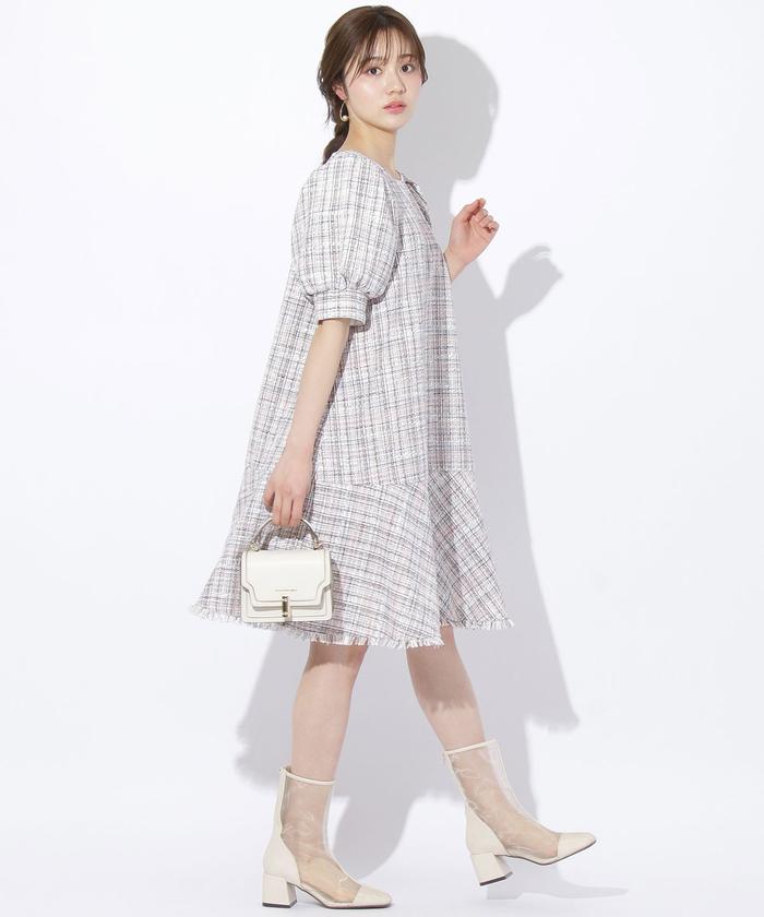 未使用品　And Couture ツイードフリンジ5分袖ミニワンピース セール 60%OFF】ツイードフリンジ5分袖ミニワンピース(505166828