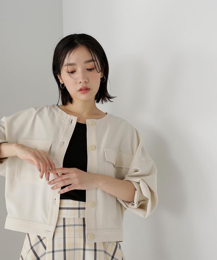★新品タグ付き。ナチュラルビューティ ノーカラージャケット NATURAL BEAUTY BASIC｜ドビーツイル SETUP ノーカラー