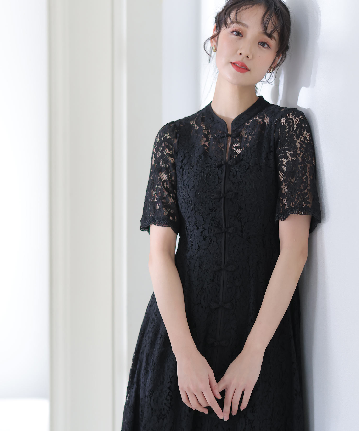 PourVous プールヴー 結婚式 お呼ばれ ドレス チャイナ風 PourVous（プールヴー）の「袖あり&ミモレ丈 パーティードレス