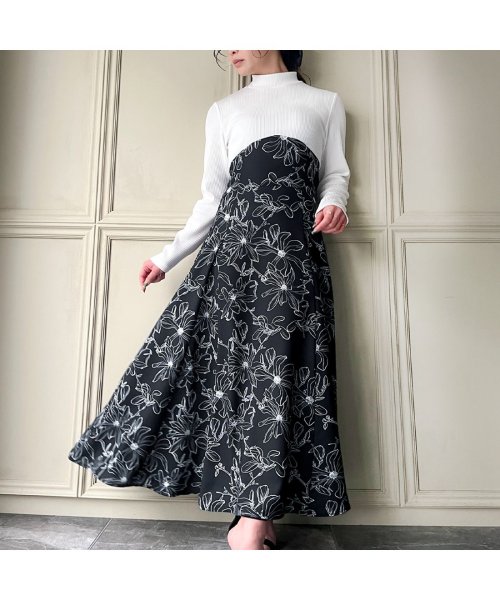 セール】ジュノア JUNOAH 線画花柄プリントコルセットワンピース 