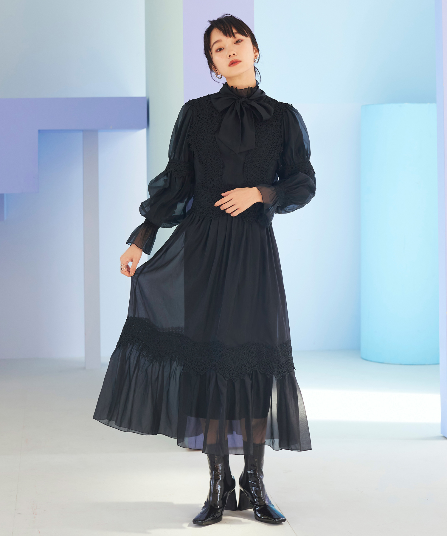 3WaySTYLE モックネック・リブニットワンピース&オーガンジードレス