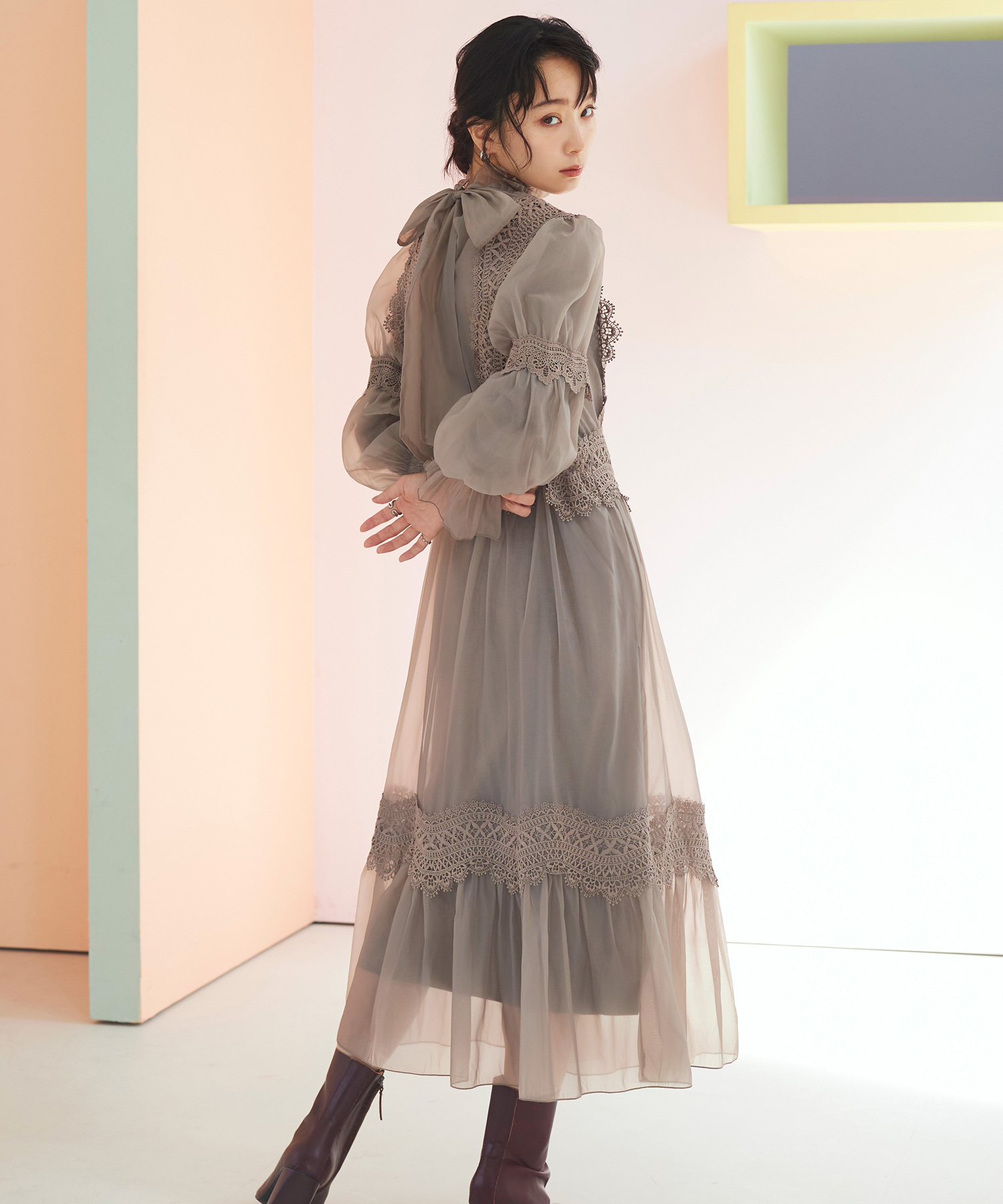 3WaySTYLE モックネック・リブニットワンピース&オーガンジードレス