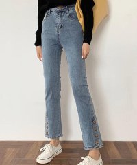 shoppinggo/デニムパンツ レディース 美脚ストレッチ ハイウエストデニムパンツ フレアパンツ ボタン付き ジーパン/505215636