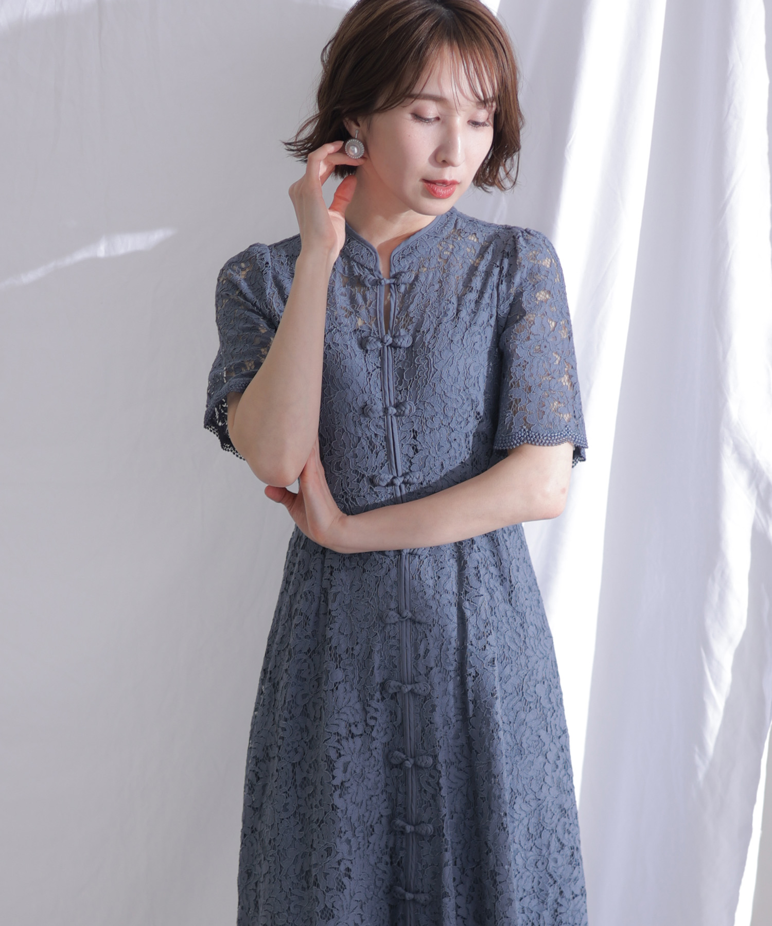 袖あり&ミモレ丈 パーティードレス チャイナ風お呼ばれ結婚式