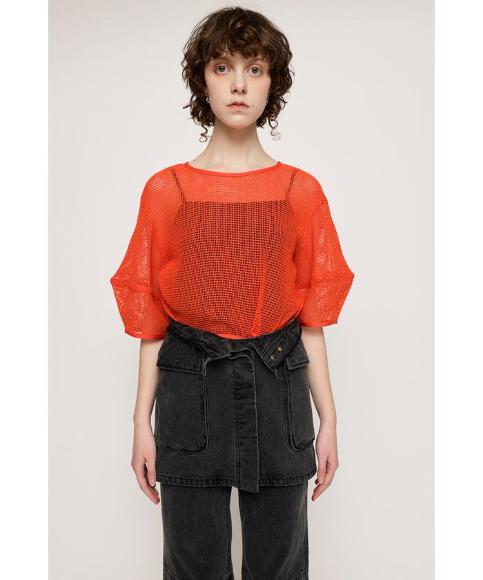 D&G リブ編み 半袖トップス 24/38 レッド セール 20%OFF】コットンメッシュクロップトップス 半袖