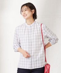 J.PRESS LADIES（LARGE SIZE）/【洗える】 セルロースチェック バンドカラー ブラウス/505230171