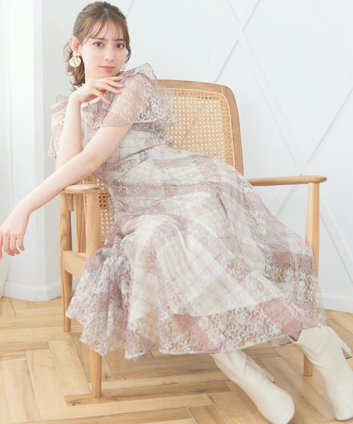 【ウィルセレクション】グレーチェックワンピース・Mサイズ セール】千鳥チェックリボンワンピース（ワンピース