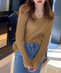 Amulet/アミュレット Amulet 袖ボタン付きリブニット レディース カジュアル 10代 20代 30代 韓国ファッション 韓国 春 秋服 無地 長袖 Vネック 上品/505232610