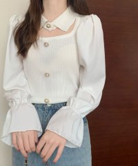 SEU/ニット シフォン ニットトップス パールボタン付き ニット×シフォン異素材 トップス 春服 夏服 秋服 韓国ファッション SEU/505237836