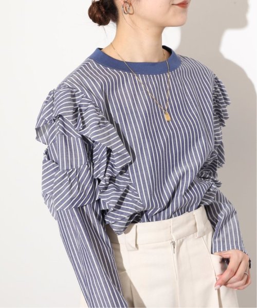 IENA イエナ ストライプコットンフリルブラウス サックスブルー さらえよ
