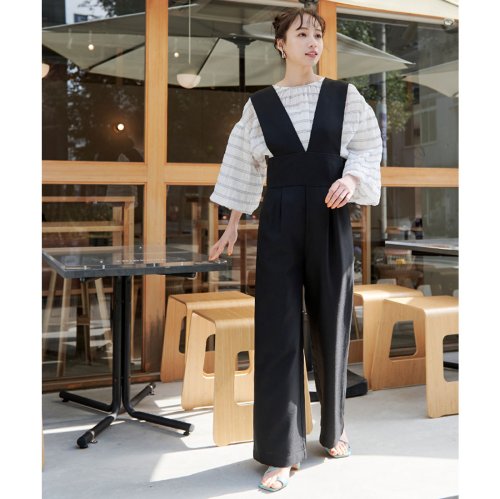 セール】リネンライクVネックオールインワン/サロペット(505244514) ティティベイト(titivate) d fashion 早い者勝ちタイムセール!アンドミー リネン混ワイドベイカーサロペット