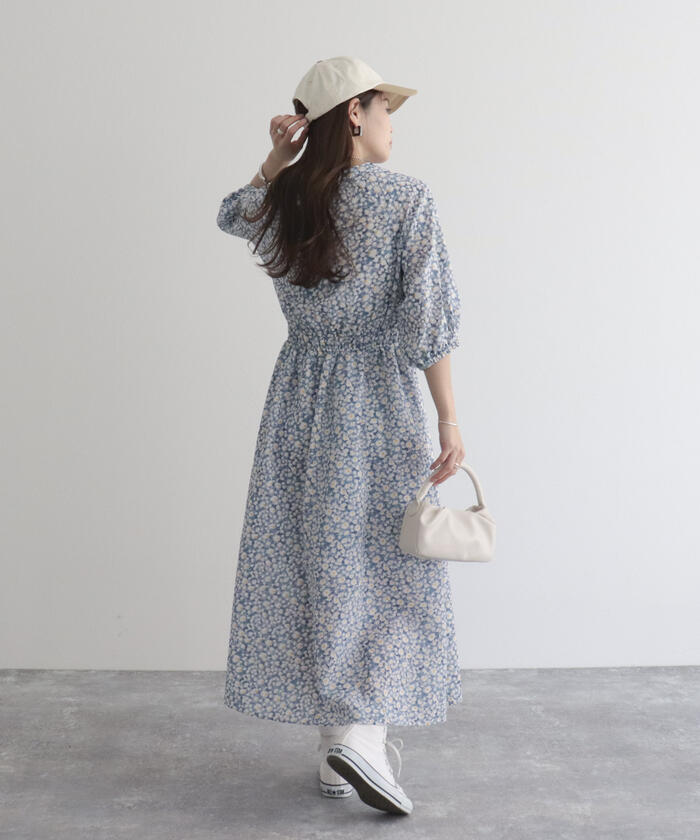 セール】【EC限定】花柄ウエストシャーリングワンピース