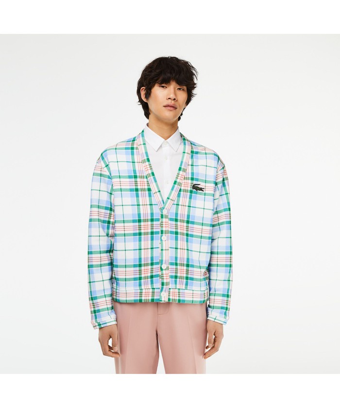 LACOSTE ニット カーディガン 水色 チェック ラコステ ワニ 大きめ LACOSTE ニット カーディガン 水色 チェック ラコステ ワニ 大きめ