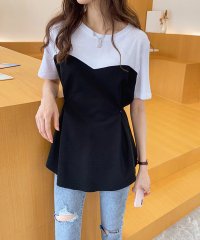 Amulet/レイヤード風ウエストマークトップス レディース 半袖 無地 異素材 春服 夏服 10代 20代 30代 韓国ファッション シンプル ハイウエスト 大きいサイズ/505247428