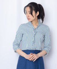 NARA CAMICIE/ミックスカラーストライプスタンドフリル七分袖シャツ/505254492