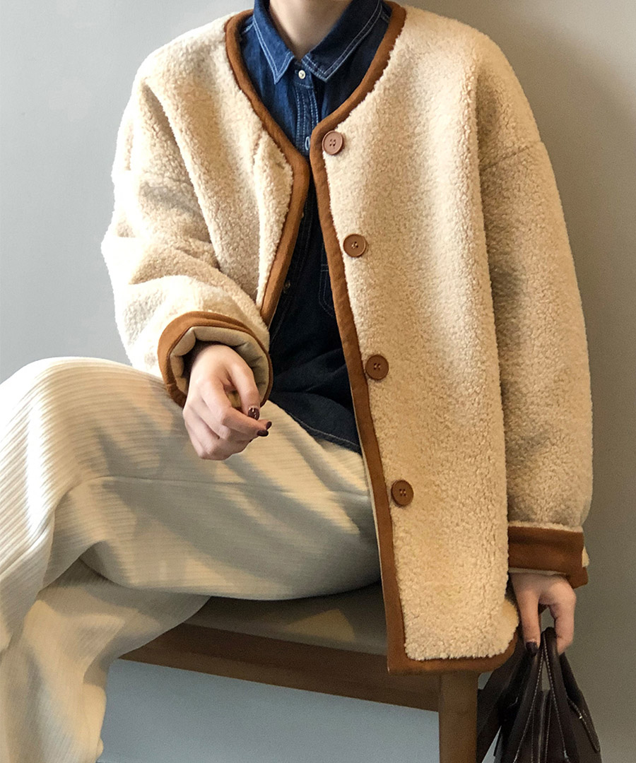 Color Scheme No Collar Piping Boa Jacket 21093 カラー配色ノー