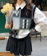 ARGO TOKYO/Color Checkerboard Knit Vest 25035 カラーチェックボードニットベスト　ニットベスト　ニットジレ　カラーブロック　チェックボード/505239066