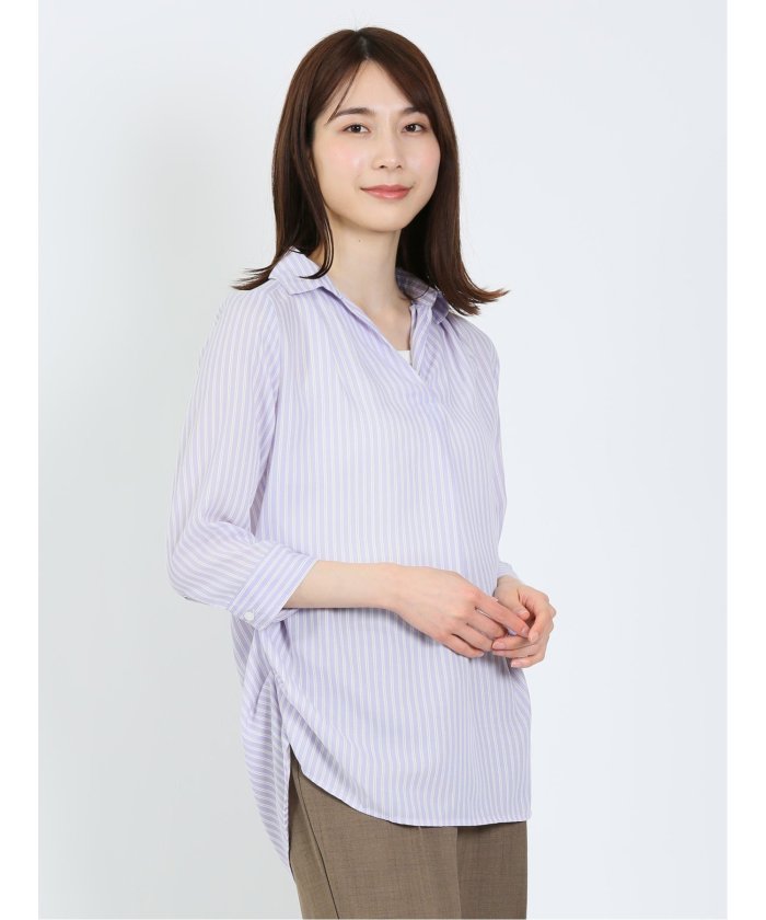クーポン】ストライプ柄 脇タック スキッパー シャツチュニック