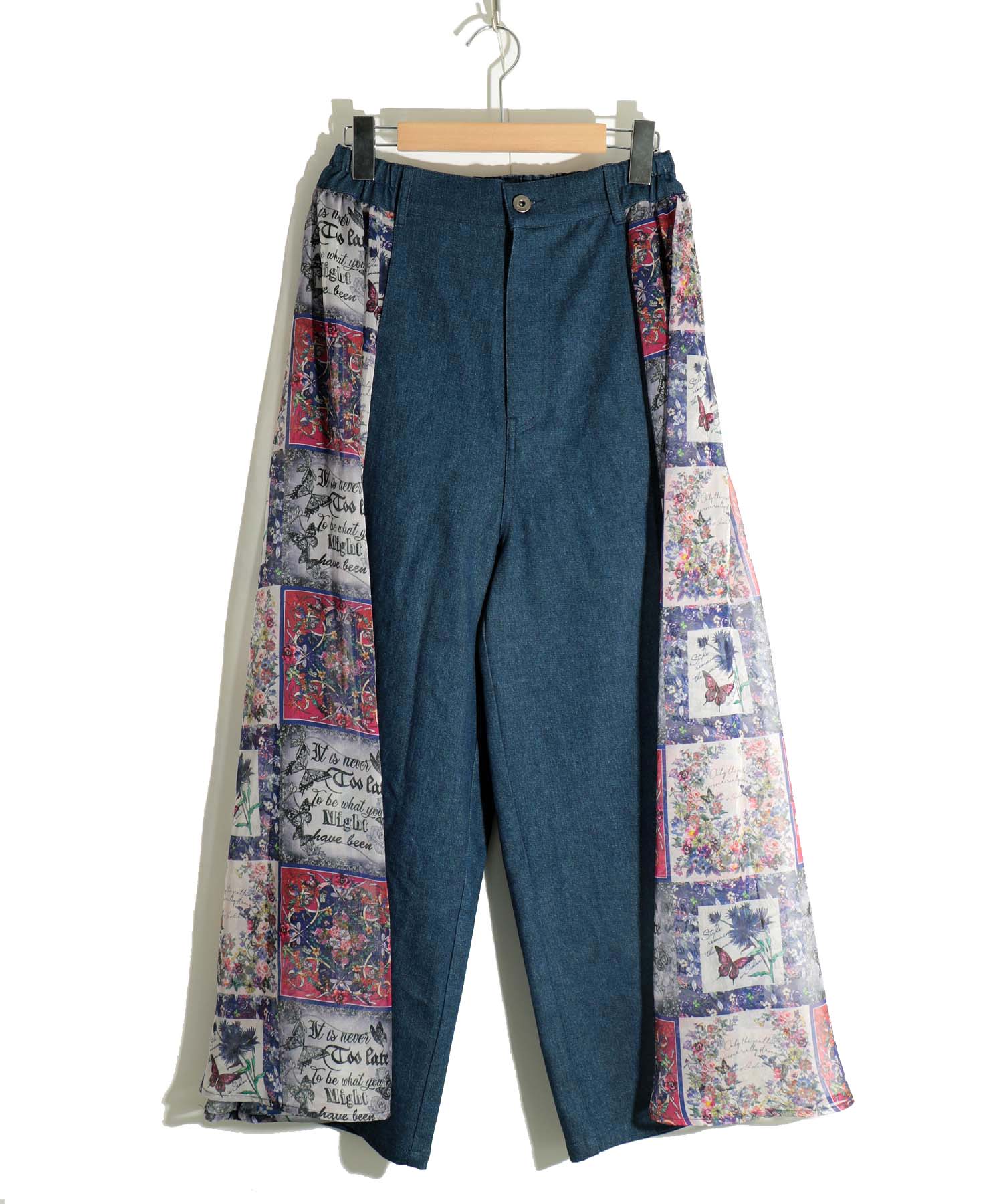 クーポン】花スカーフパッチワーク柄シフォン×デニム切替パンツ