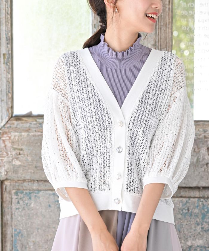 Chiffon Embroidery Frillショートカーデ ホワイト Apuweiser-riche エアリーショートカーデ （ホワイト