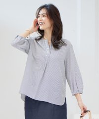 J.PRESS LADIES（LARGE SIZE）/【洗える】コットンアセVis ストライプ ギャザー ブラウス/505274053