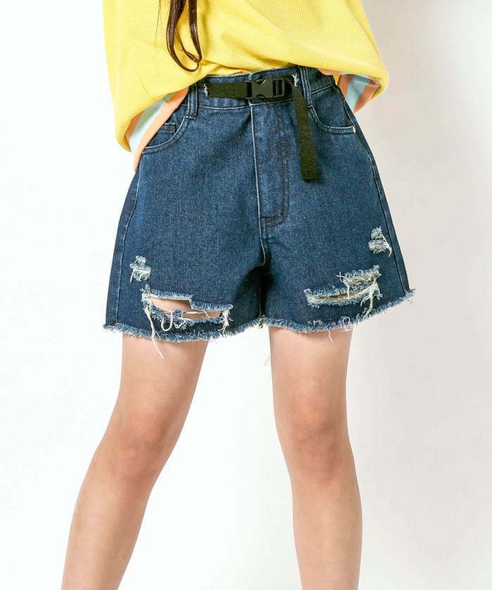 セール】ベルト付きダメージデニムショートパンツ(130~160cm