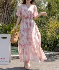 TeddyShop/テディショップ Teddyshop レディース Vネック花柄ウエスト絞りふんわりロングワンピース/504457055