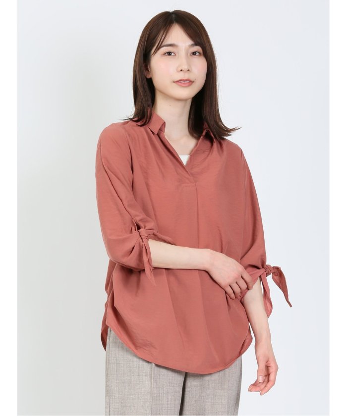 袖リボン脇タック スキッパー シャツチュニック レディース シャツ