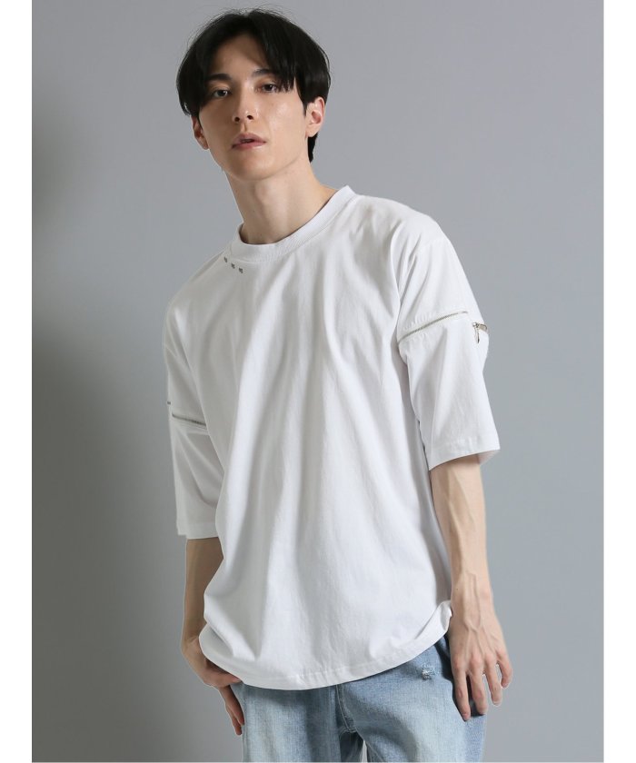 袖ファスナー クルーネック半袖ルーズ 半袖 メンズ Tシャツ