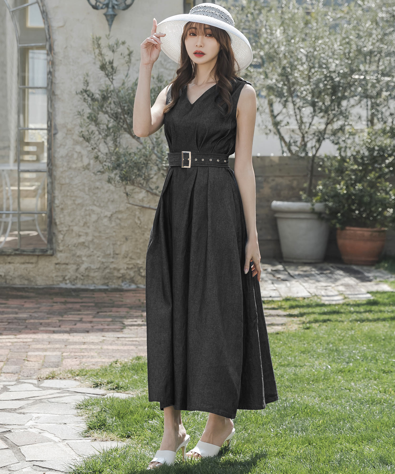 ベルト付 ジュエリーポイント フレアワンピース 2色 S〜XXL ジュリアブティック JULIA BOUTIQUE バックルベルト付きデニム
